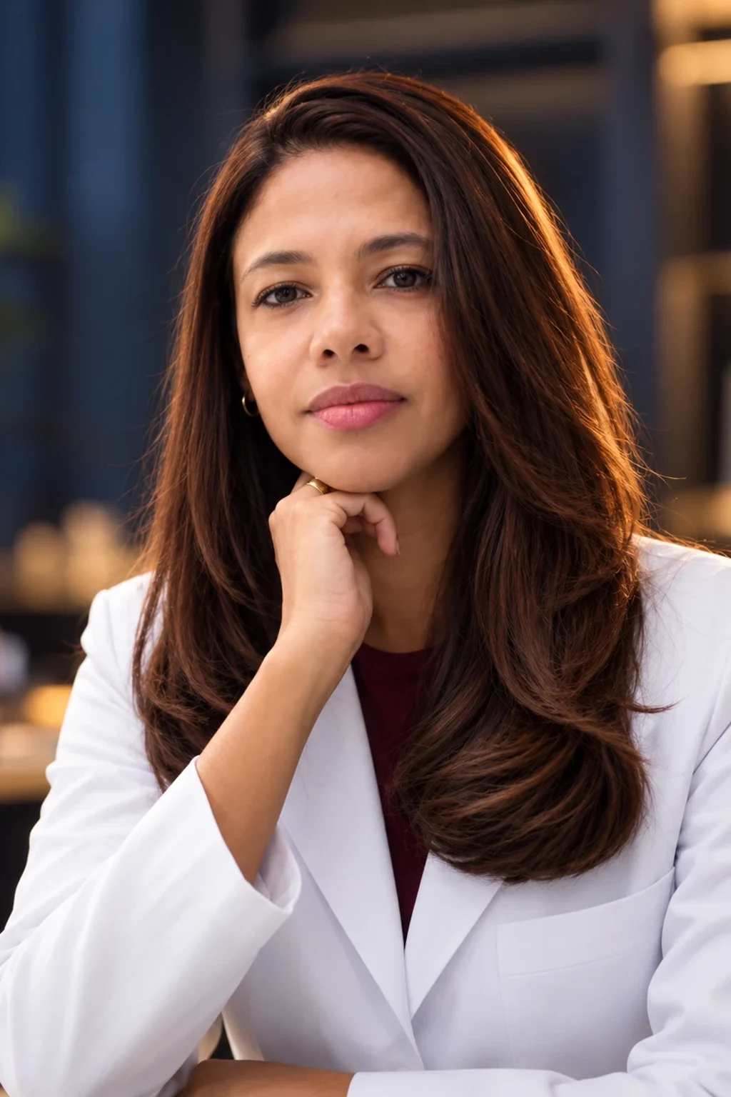 Dra. Darleny Cidreira, Responsável Técnica da DC Perícias Médicas, de jaleco branco, em um escritório