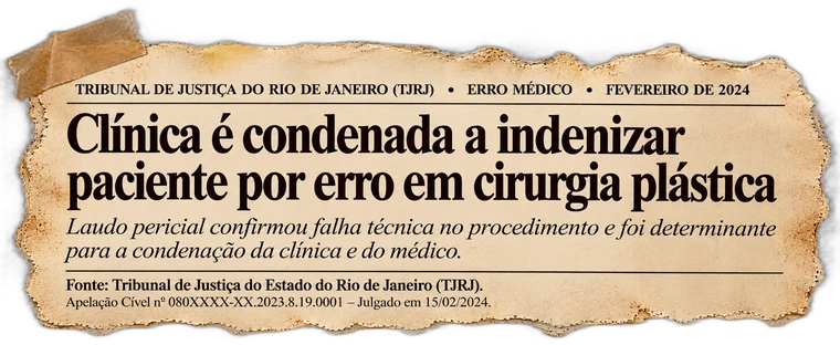 Recorte: TJRJ — clínica é condenada a indenizar paciente por erro em cirurgia plástica; laudo pericial confirmou falha técnica no procedimento.