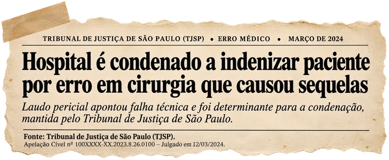 Recorte: TJSP — hospital é condenado a indenizar paciente por erro em cirurgia que causou sequelas; laudo pericial apontou falha técnica.