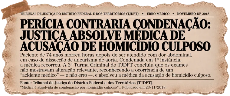 Recorte: TJDFT — Justiça absolve médica de acusação de homicídio culposo após perícia contrariar a condenação, novembro de 2018.