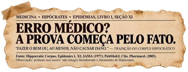 Recorte: Corpus Hipocrático — em erro médico, a prova começa pelo fato, tradição hipocrática citada em JAMA (1977) e PubMed (2005).
