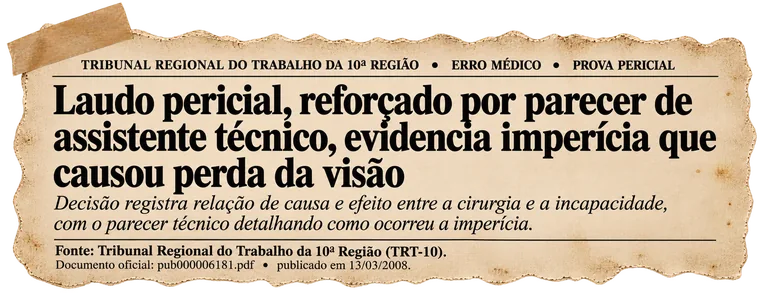 Recorte: TRT-10 — Laudo pericial reforçado por parecer de assistente técnico evidencia imperícia que causou perda da visão, publicado 13/03/2008.