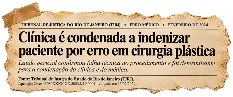 Recorte: TJRJ — Clínica condenada a indenizar paciente por erro em cirurgia plástica, apelação cível (número do processo parcialmente ocultado no recorte), fevereiro de 2024.