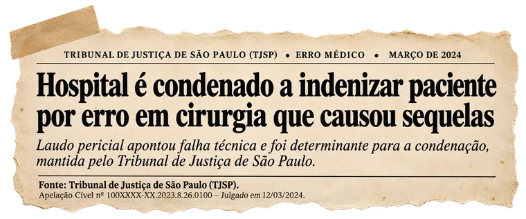 Recorte: TJSP — Hospital condenado a indenizar paciente por erro em cirurgia que causou sequelas, apelação cível (número do processo parcialmente ocultado no recorte), março de 2024.
