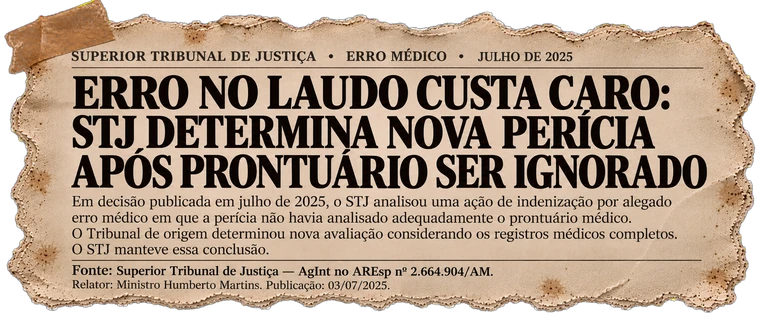 STJ, erro médico, julho de 2025: erro no laudo custa caro, STJ determina nova perícia após prontuário ser ignorado. AgInt no AREsp nº 2.664.904/AM, Relator Ministro Humberto Martins, publicação 03/07/2025.