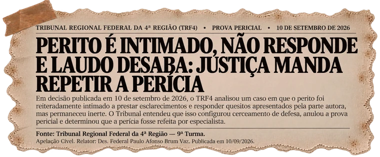 TRF4, prova pericial, 10 de setembro de 2026: perito é intimado, não responde e laudo desaba, justiça manda repetir a perícia. Apelação Cível, 9ª Turma, Relator Des. Federal Paulo Afonso Brum Vaz.