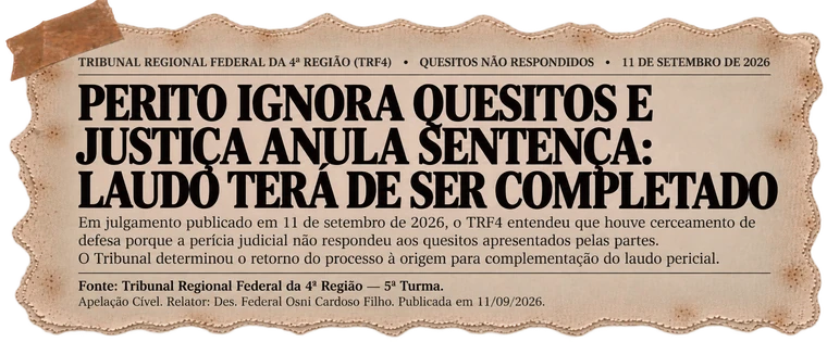 TRF4, quesitos não respondidos, 11 de setembro de 2026: perito ignora quesitos e justiça anula sentença, laudo terá de ser completado. Apelação Cível, 5ª Turma, Relator Des. Federal Osni Cardoso Filho.