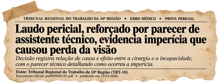Recorte: TRT-10 — Laudo pericial reforçado por parecer de assistente técnico evidencia imperícia que causou perda da visão, março de 2008