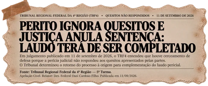 Recorte: TRF4 — Perito ignora quesitos e Justiça anula sentença, setembro de 2026
