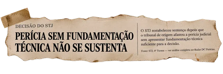 Recorte: Decisão do STJ — perícia sem fundamentação técnica não se sustenta. O STJ restabeleceu sentença depois que o tribunal de origem afastou a perícia judicial sem apresentar fundamentação técnica suficiente para a decisão.