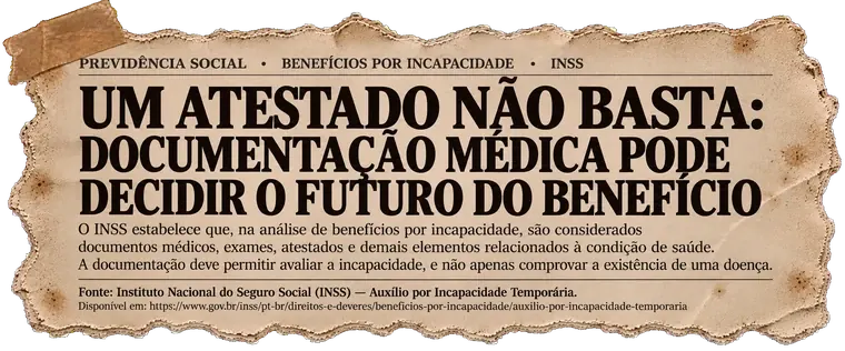 Previdência Social, Benefícios por Incapacidade, INSS: um atestado não basta — documentação médica pode decidir o futuro do benefício. Fonte: Instituto Nacional do Seguro Social (INSS) — Auxílio por Incapacidade Temporária.