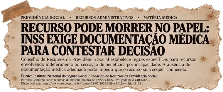 Previdência Social, Recursos Administrativos, Matéria Médica: recurso pode morrer no papel — INSS exige documentação médica para contestar decisão. A ausência de documentação médica adequada pode impedir que o recurso seja sequer conhecido. Fonte: Portaria Conjunta sobre recursos de matéria médica no INSS/CRPS, divulgada pelo CREMESP.