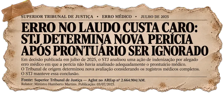 Recorte: STJ — erro no laudo custa caro: STJ determina nova perícia após prontuário ser ignorado. AgInt no AREsp nº 2.664.904/AM, Relator Ministro Humberto Martins, publicação 03/07/2025.