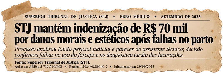 Recorte: STJ — mantém indenização de R$ 70 mil por danos morais e estéticos após falhas no parto.