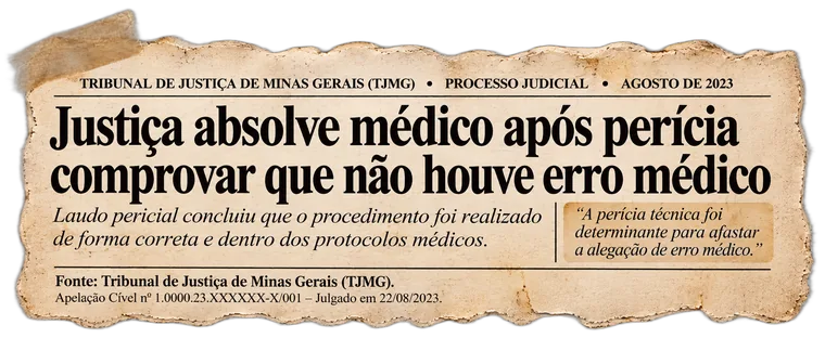 Recorte: TJMG absolve médico — perícia técnica comprovou que o procedimento seguiu os protocolos, ago/2023.
