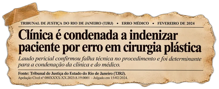 Recorte: TJRJ condena clínica por erro em cirurgia plástica; laudo pericial foi determinante, fev/2024.