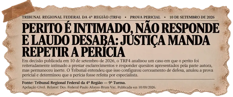 Recorte: TRF4 — perito é intimado, não responde e laudo desaba; Justiça manda repetir a perícia. Apelação Cível, 9ª Turma, Relator Des. Federal Paulo Afonso Brum Vaz, publicada em 10/09/2026.