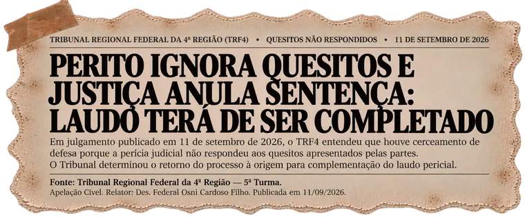 Recorte: TRF4 — perito ignora quesitos e Justiça anula sentença; laudo terá de ser completado. Apelação Cível, 5ª Turma, Relator Des. Federal Osni Cardoso Filho, publicada em 11/09/2026.