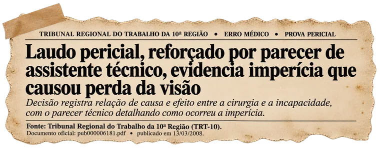 Recorte: TRT-10 — laudo pericial e parecer de assistente técnico comprovam imperícia que causou perda da visão.
