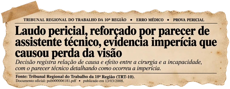 Recorte: TRT-10 — laudo pericial, reforçado por parecer de assistente técnico, evidencia imperícia que causou perda da visão.