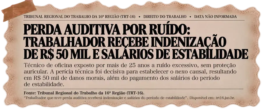 Recorte: TRT-16 — perda auditiva por ruído; trabalhador exposto por mais de 25 anos sem proteção auricular recebe indenização de R$ 50 mil e salários do período de estabilidade.