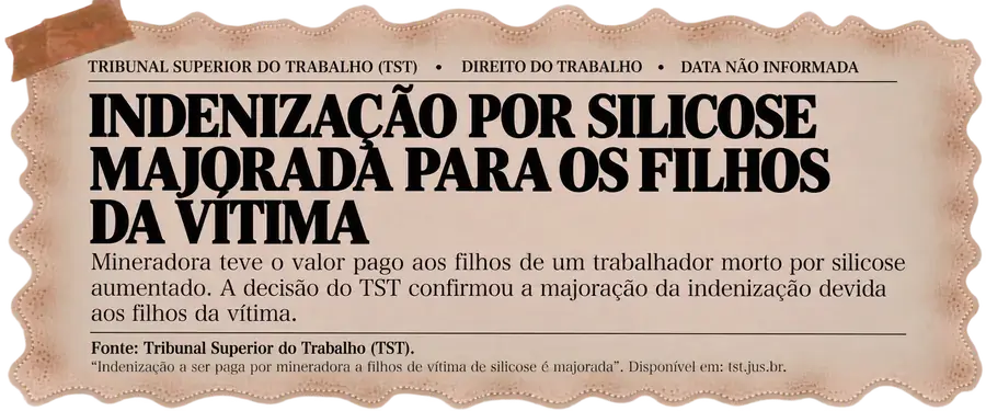 Recorte: TST — indenização por silicose majorada para os filhos da vítima. Mineradora teve o valor pago aos filhos de um trabalhador morto por silicose aumentado pela decisão do TST.